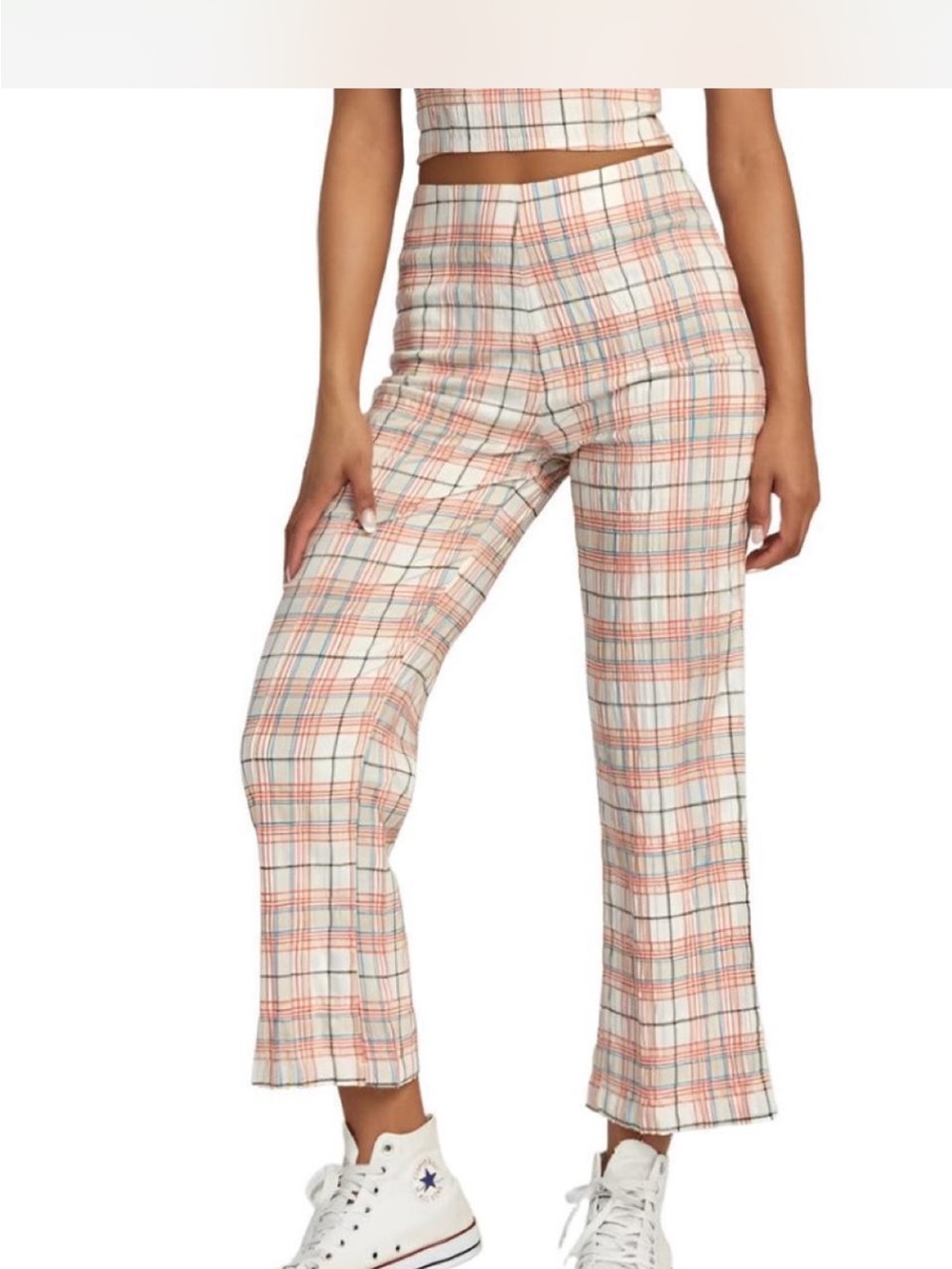 RVCA White Plaid Wide-Leg Pants with Peach and Blue Lines